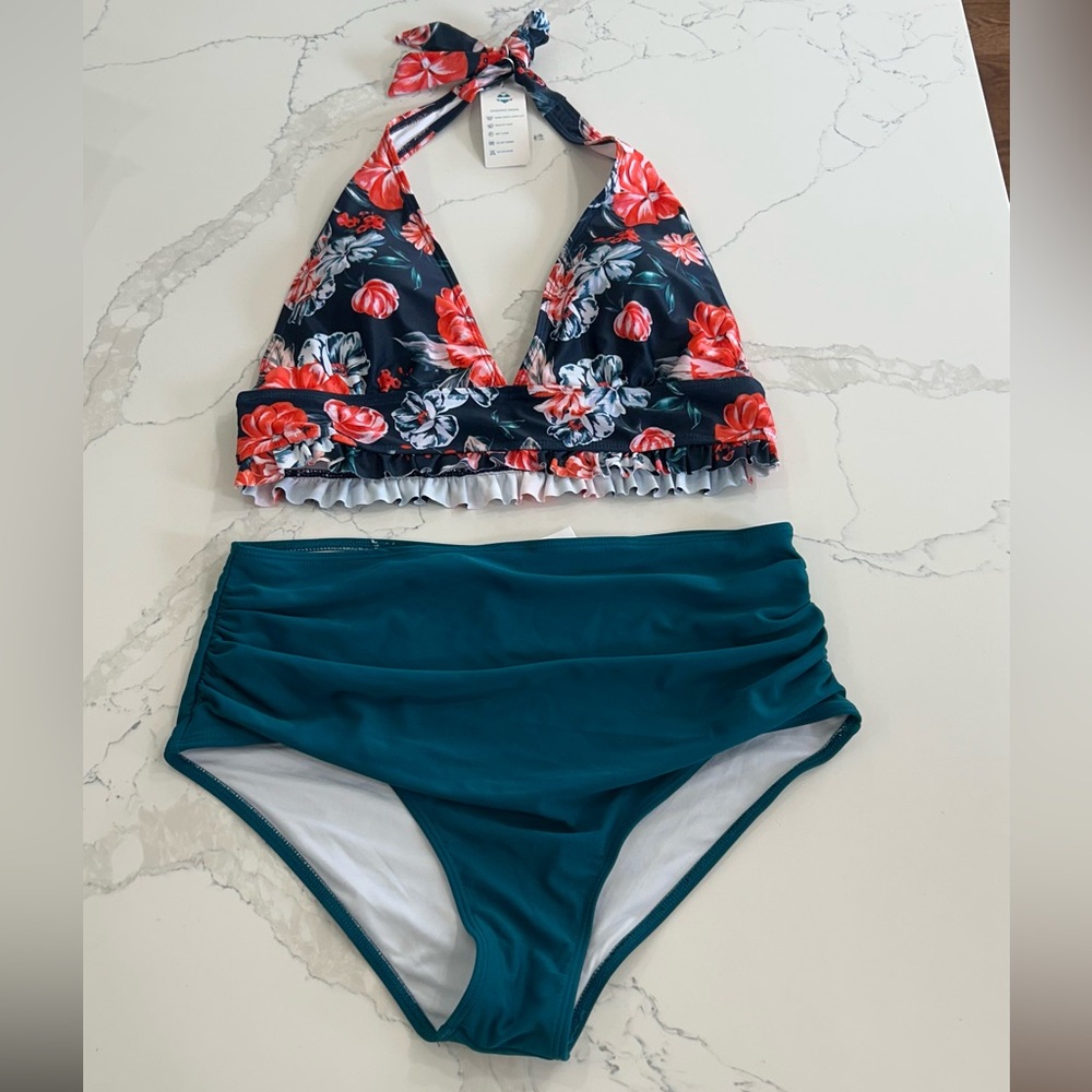 Red and Green Bikini with Halter Top and High-Waisted Bottoms